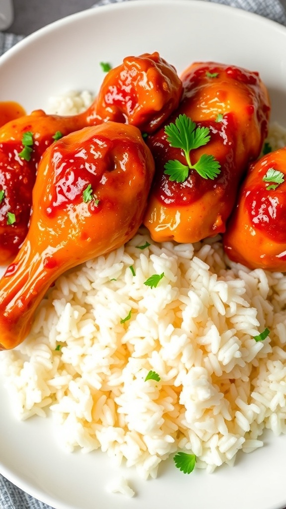 Spicy Chicken Drumsticks with Rice Spicy chicken drumsticks on a bed of rice, garnished with parsley, on a white plate.